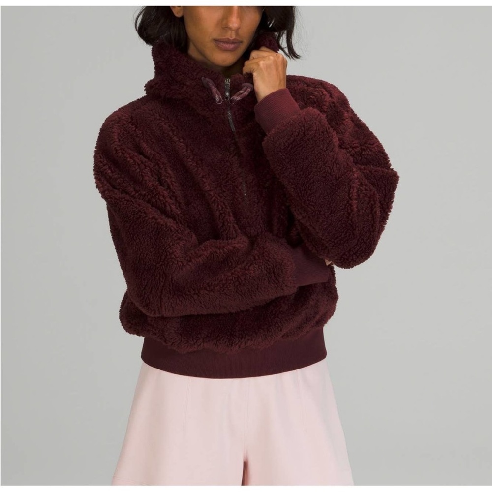 Lululemon Textured Fleece 1/2 Zip red merlot Plush Hoodie Pullover Sherpa- Sz:8